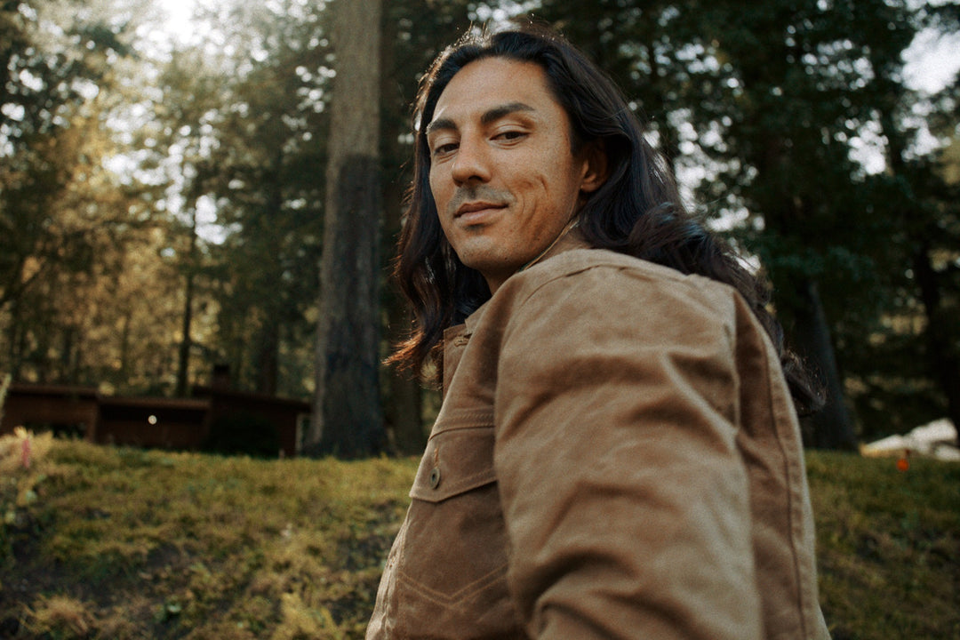 Native American Model in Brown Wax Canvas Jacket made in USA 