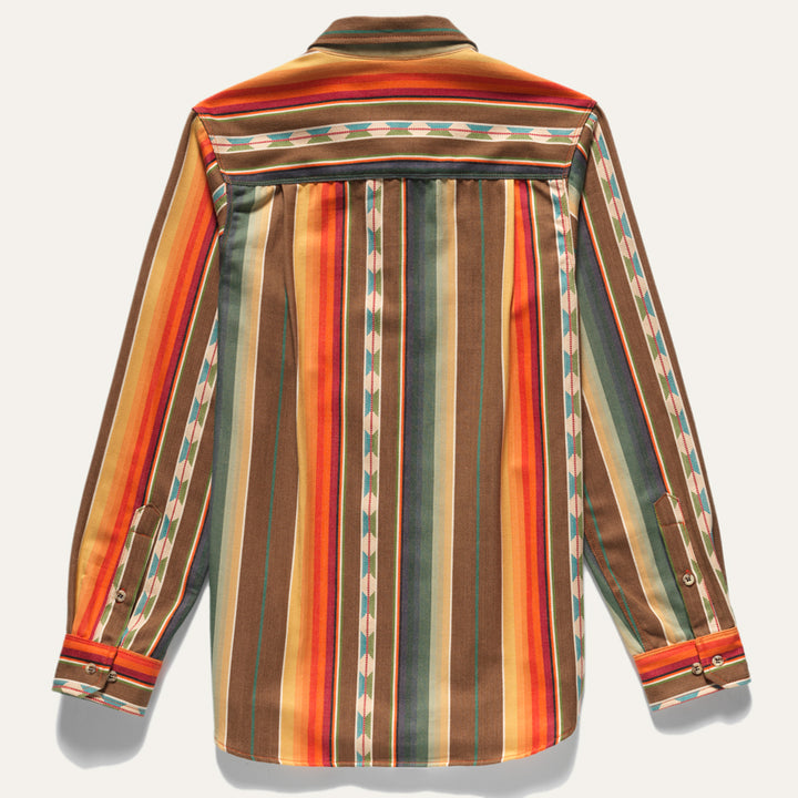 Back of Brown, orange Native American stripe shirt in cotton made in USA by Ginew